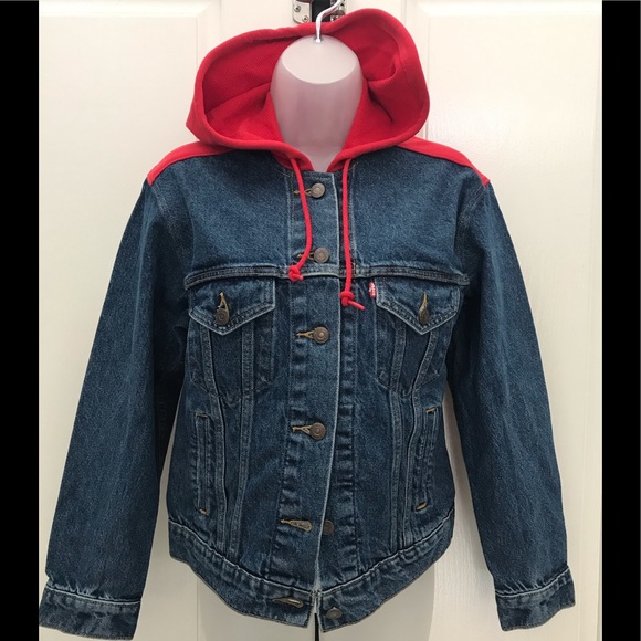 🔵NEW wTag-LEVI’S Blue w/Red Hood Denim Jacket XS - Picture 2 of 3
